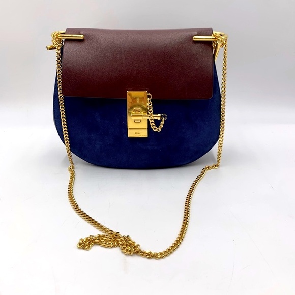 Auth Chloe Drew Mini Two Tone Leather Suede Navy Bordeaux Shoulder Bag - Picture 1 of 15